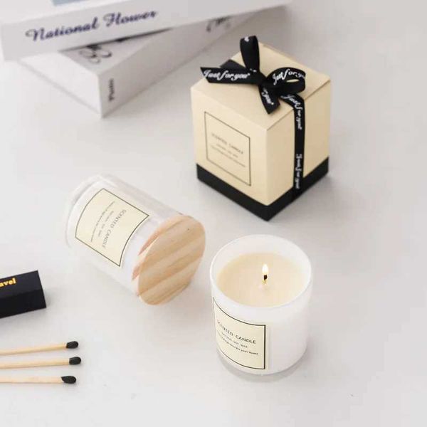 New White Glass With Wooden Lid Scented Candle Ribbon Gift Box Candle Smokeless Aromatic Soybean Candles Aromatherapy CandleC241214