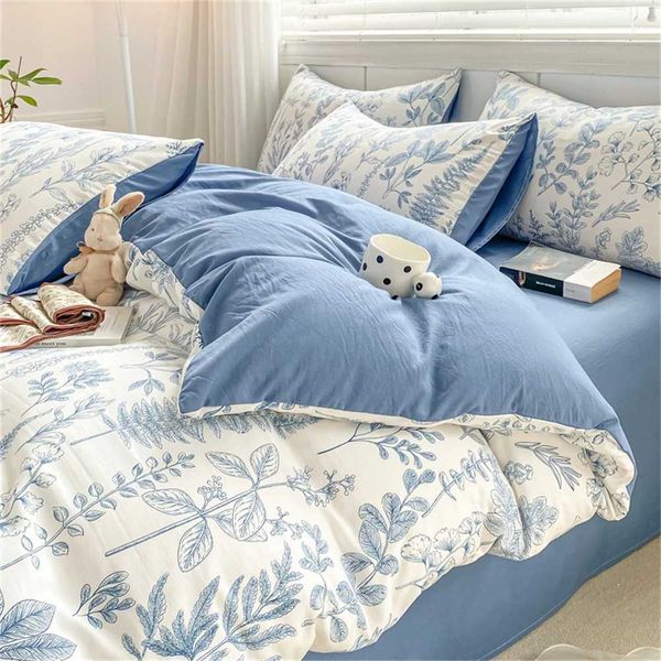 Plant and Flower Home Textiles Pillowcase Comfortable Duvet Cover Blue Floral Four-piece Bedding Set Kids Adults Washed Cotton Y240730