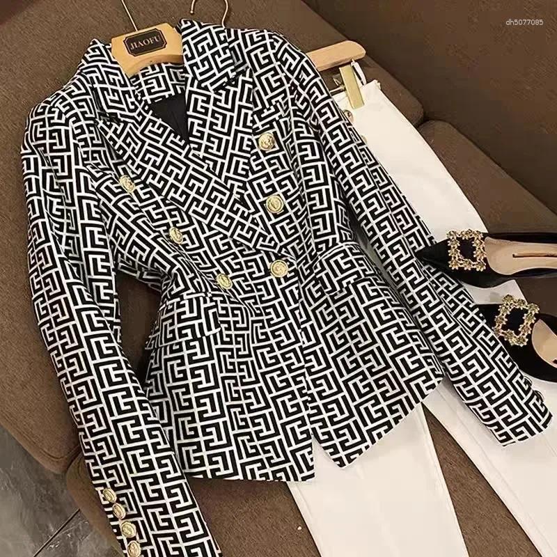 Women&#039;s Blouses France Fashion Double Breasted Pink Geometric Jacquard Slim Suit Jacket Vintage Aesthetic Office Lady Formal Coats