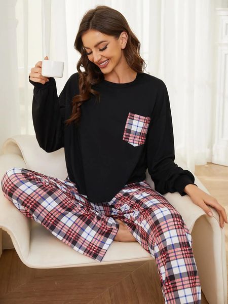 Women Pajama Set Long Sleeves Screw Neck Top Plaid Full-Length Pants Fall Winter Spring Female Sleepwear 2 Piece Nightwear 241217