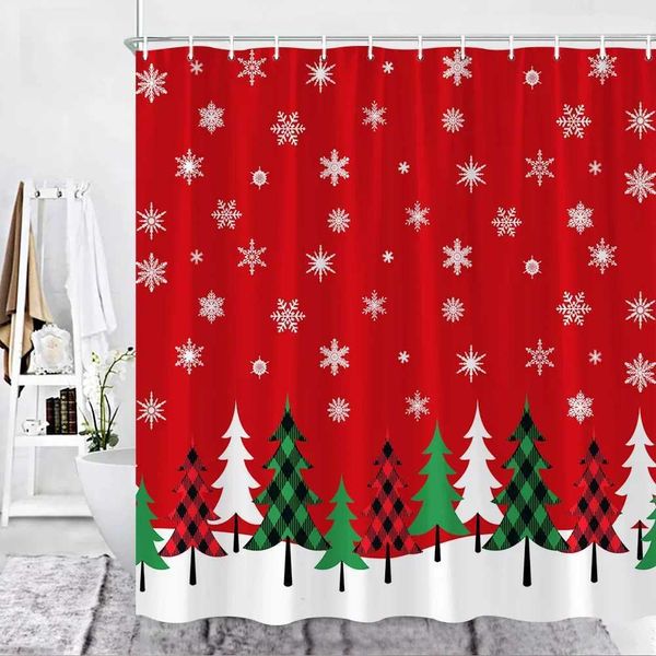 Christmas Shower Curtain Set Red Bathroom Curtains Buffalo Checker Xmas Tree Snowflake Snow New Year Decor Fabric Cloth Hooks M240824
