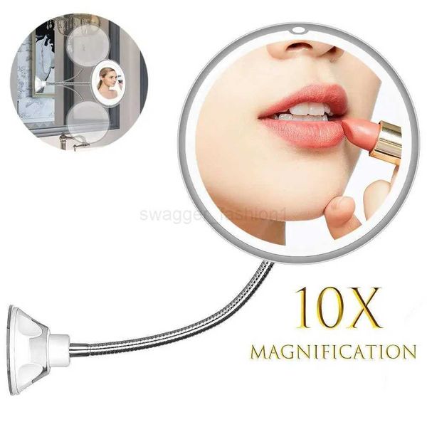 Flexible Gooseneck Makeup Mirror with LED Light 10X Magnifying Mirror Suction Cup Bright Diffused Light and 360 Degree SwivelXJ240813