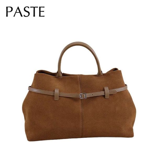 Hot Sale Russia Large Capacity Winter Travel Tote Matte Suede Cow Leather Women&#039;s Handbag Camel Coffee Color Shoulder Bag
