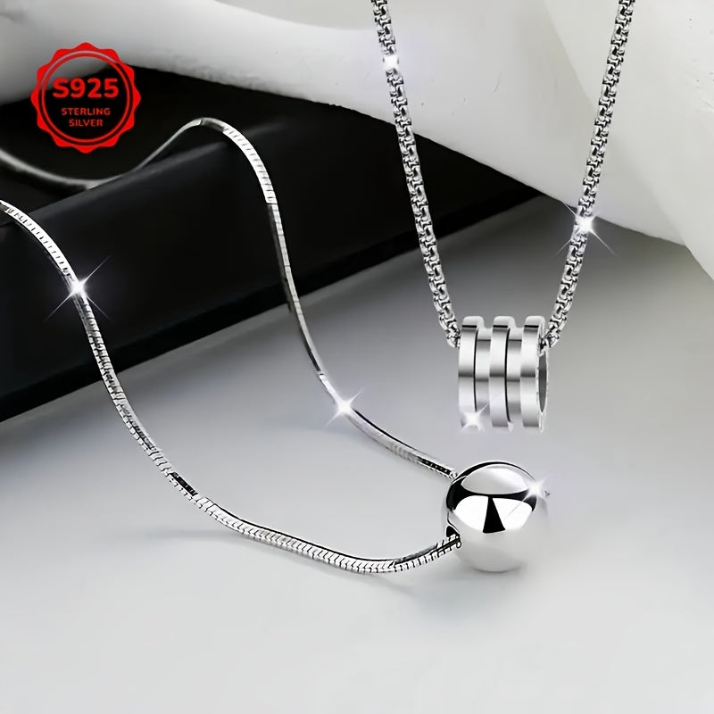 TEMU 2pcs 925 Silvery Necklace, Autumn And Winter Minimalist Style, Simple Spherical Pendant, Snake Chain, Elegant Anniversary Gift Birthday Gift
