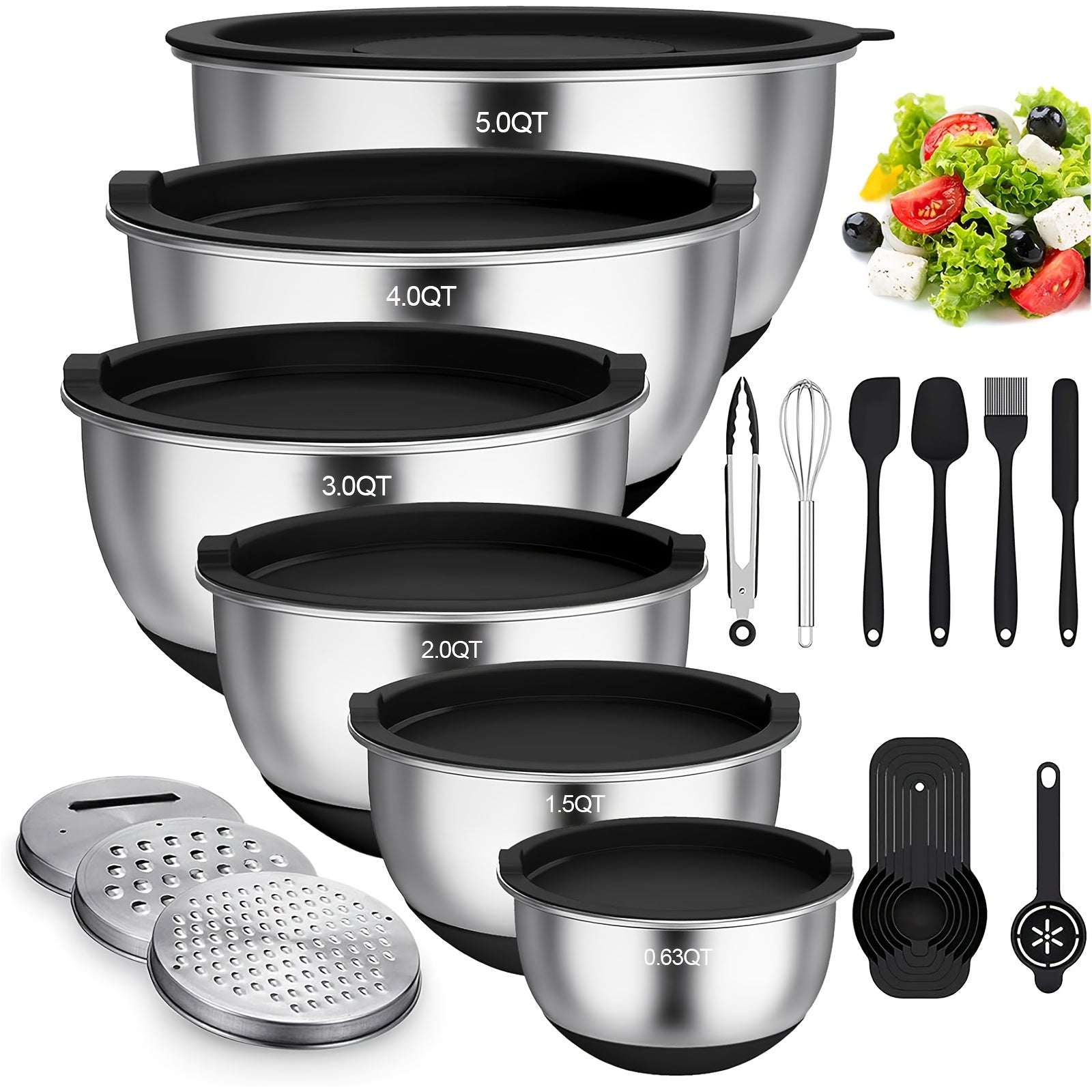 TEMU Stainless Steel 22pcs Mixing Bowls Set - Nesting Bowls With 5pcs Airtight Lids, 3 Grater Attachments, Scale Marks & Non-slip Bottom - Size 5, 4,