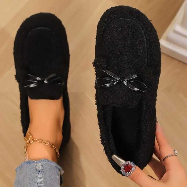 Casual shoes Winter coat Winter shoes Bow Warm plush coat Curly wool flat shoes suitable for Winter Size 41 Y241107