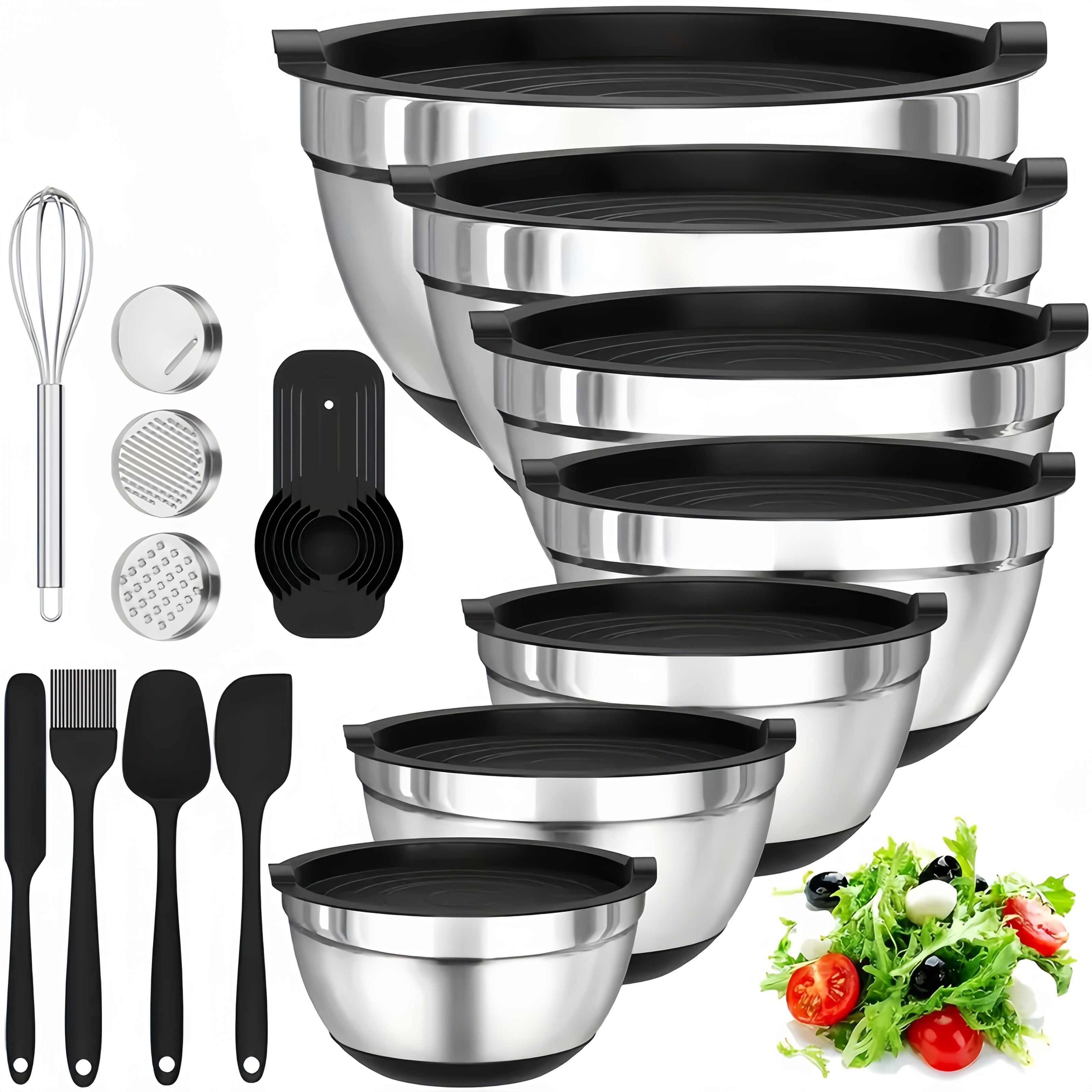 TEMU 21 Stainless Steel Mixing Bowls - Sealed Lid, Salad Bowl, Non Slip Colored Silicone Bottom, Bowl - Sizes 4.5, 4, 3.5, 2.1, 1.5, 1.1, 0.7qt,
