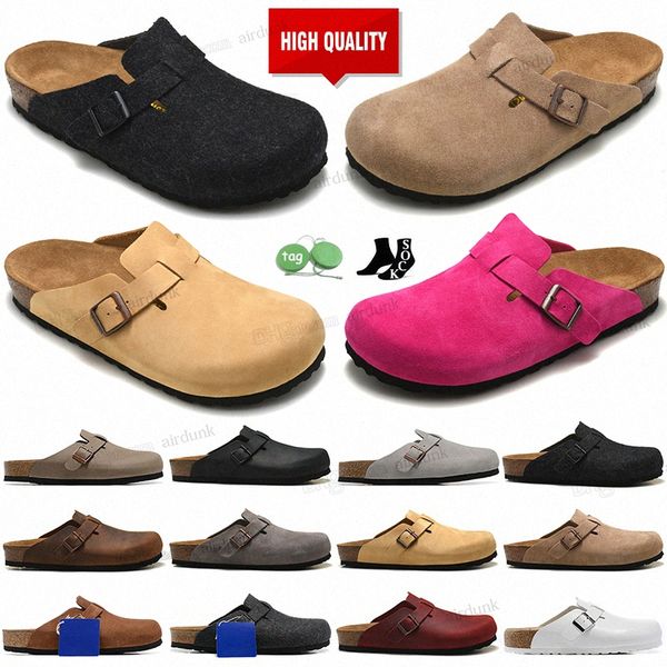 High quality Boston clog soft footbed suede leather slippers clogs sandals taupe black mocha mink women men fashion Scuffs outdoor classic s