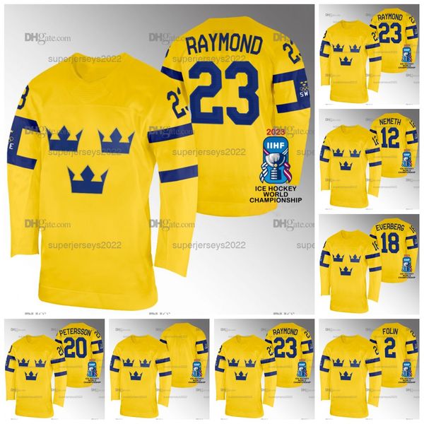 23 Lucas Raymond Sweden Hockey 2023 IIHF World Championship Jerseys 2 Christian Folin 12 Patrik Nemeth 18 Dennis Everberg 20 Andre Petersson