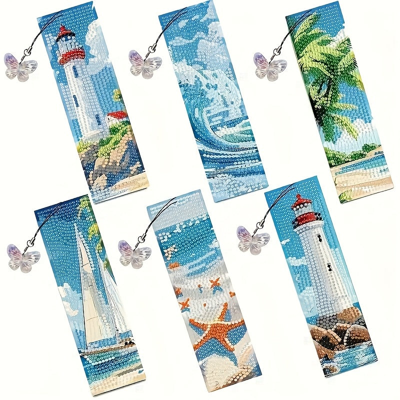 TEMU A Set Of 6 Diy Diamond Painting Bookmarks With Pendant - Wave Lighthouse Pattern - Acrylic Diamond Craft Kit Suitable For And Enthusiasts -