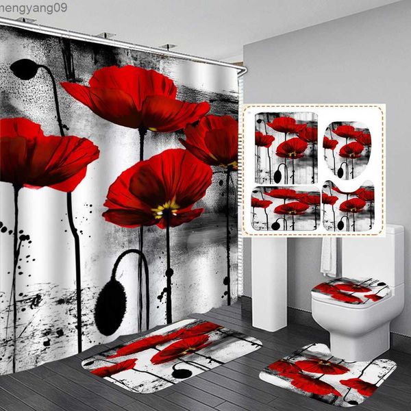 Shower Curtains Black and Red Flowers Printed Shower Curtain Set Anti-slip Rugs Lid Cover Bath Mat Durable Bathroom Curtain Decoration R2308