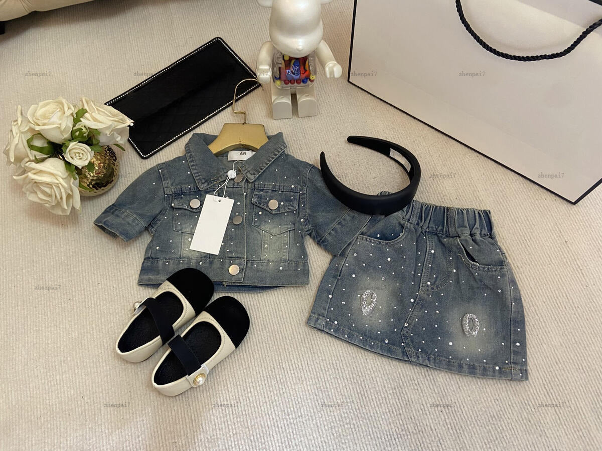 Top girls dress suit Summer baby two-piece kids designer clothes Metal button jacket and denim skirts A000X02N157