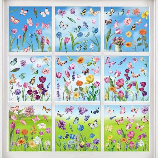 9 Sheets Window Clings Stickers Double-Sided PVC Watercolor Tulip Butterfly Flower Window Stickers Window Decals Static Stickers Y240810