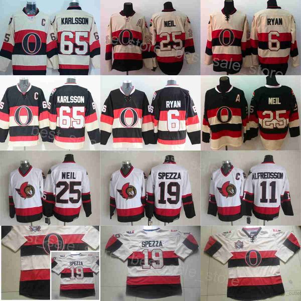 Retro Ottawa Hockey 6 Bobby Ryan Jerseys Throwback 65 Erik Karlsson 19 Jason Spezza 25 Chris Neil 11 Daniel Alfredsson Vintage Classic Black