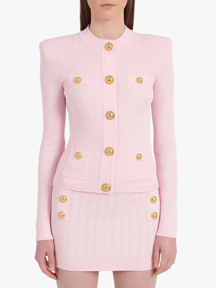 2022 Autumn Winter Two-Piece Sets Knitting Women O Neck Long Sleeve Single-Breasted Coat + Mini Skirts Fashion Trend