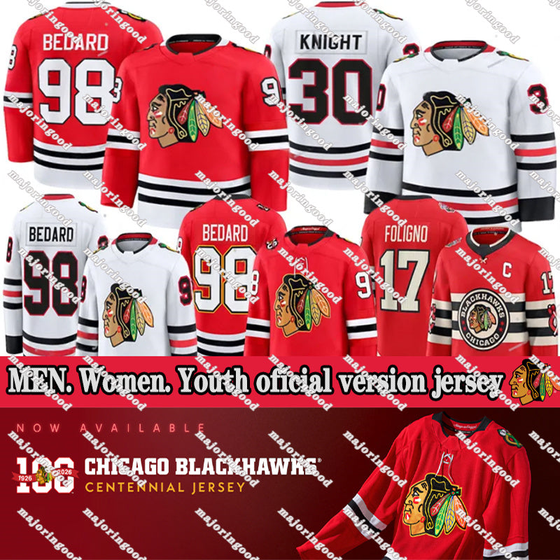 #98 ConnorS Bedard chicago hockey jersey blackhawksS jersey #55 Artyom Levshunov Frank Nazar Spencer Knight Teuvo Teravainen Anton Frondell jerseys