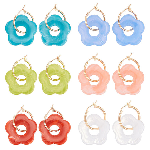 6 paire de boucles d'oreilles créoles pendantes en forme de fleur en acrylique de 6 couleurs
