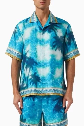 25ss Caablancs Reflection Coconut Tree Vacation Shirt Button Up Silk Leisure Hawaii Short Sleeve Shirt Men and Women Designer Blouses