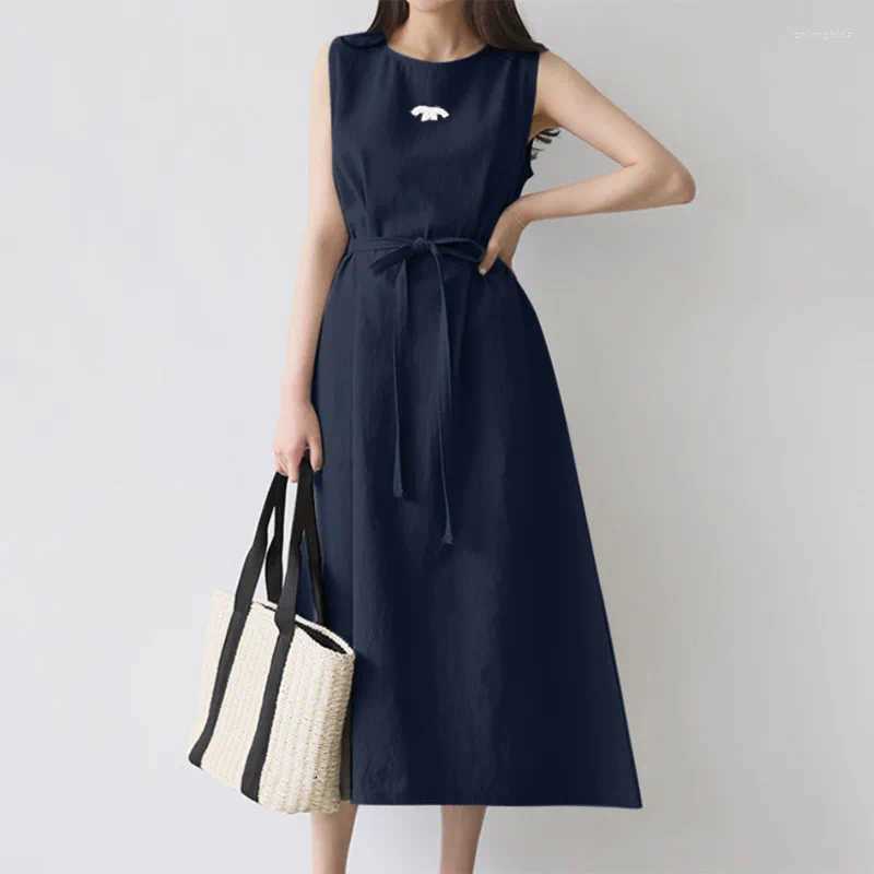 designer Casual Dresses Summer Women Fashion Loose Sleeveless Round Neck Solid Color Cotton And Linen Belt Long Large Size Dress Vintage U32T