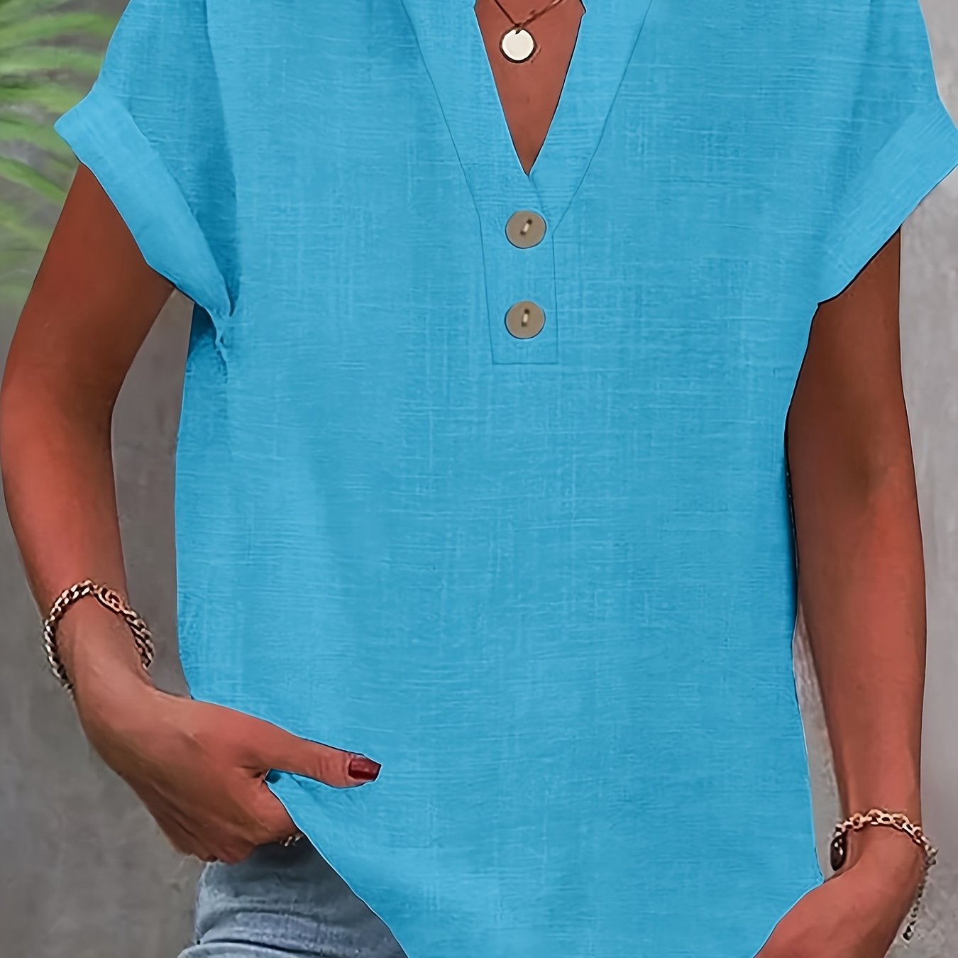 TEMU Womens Clothing Short Sleeve Tops For Women Fashion Solid Button Shirt V Neck Loose T-shirt Blouse Cheap Shirts Christmas Gifts