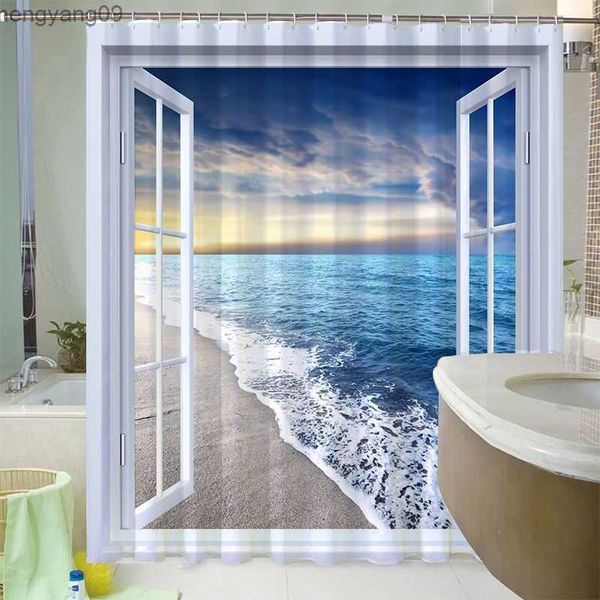 Shower Curtains Tropical Landscape Shower Curtain 3D Open Window Ocean Beach Starfish Shell Palm Tree Scenery Waterproof Bathroom Decor Curt