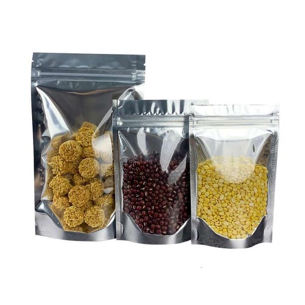 100Pcs Aluminum Foil Transparent Stand Up Bag Zip Lock Waterproof Dustproof Reusable Food Snacks Dried Fruits Tea Spice Cat