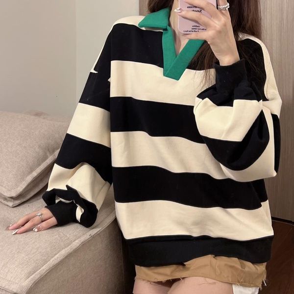 2024 autumn new Korean version American loose oversized pullover polo collar striped hoodie for women ddmytoys