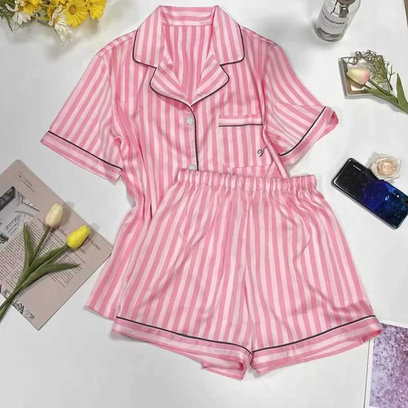 Women&#039;s Sleepwear Womens Pamas Sets Spring Autumn 2 Piece Print Striped Pyjama Faux Silk Satin Slpwear Short Se Pijama Mujer Pjs Homewear T2405