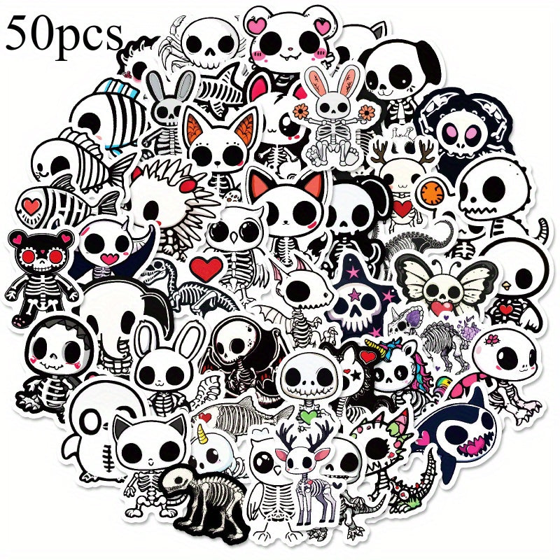 TEMU 50pcs Cute Cartoon Skeleton Graffiti Stickers - Waterproof Pp Material, Q-version For Suitcases, Phone Cases, Laptops, Helmets & Skateboards -