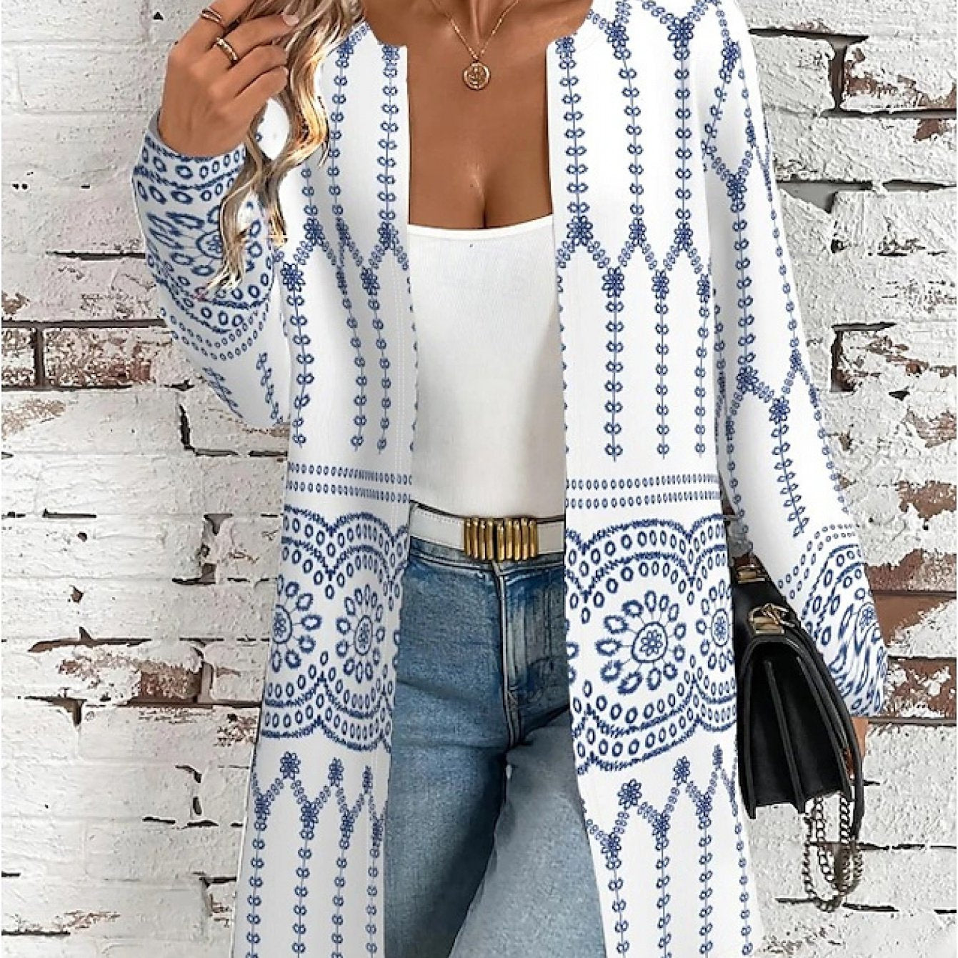 TEMU Plus Size - Plus Size Ethnic Pattern Printed Mid-length Cardigan, Loose & Figure-flattering Women's Top, Versatile Retro Bohemian-style