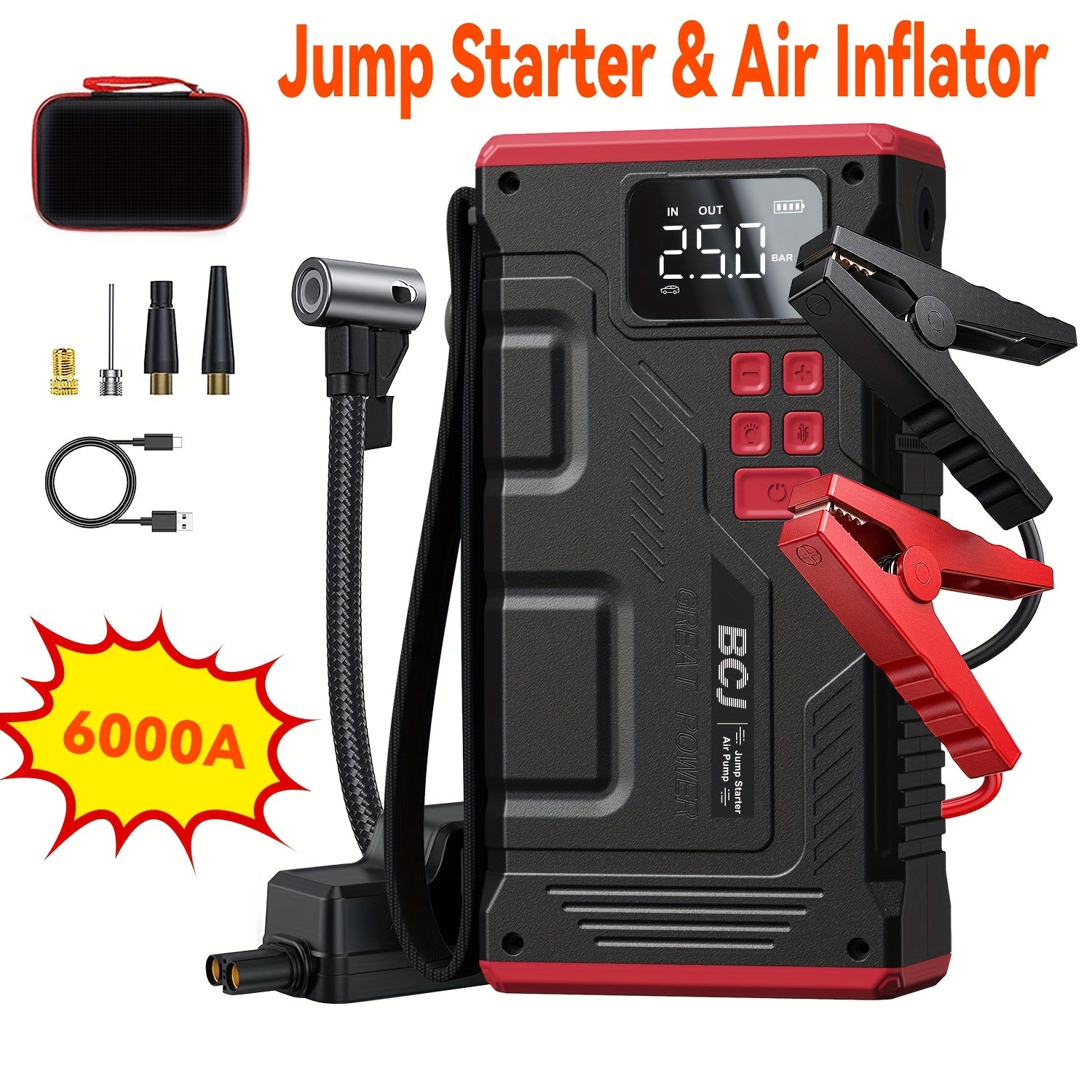 TEMU 6000a Portable Car Jump Starter With Air Compressor & Digital Tire Inflator - 150psi Pressure, 6000a Current, 12v-10l Gas-8l Compatible