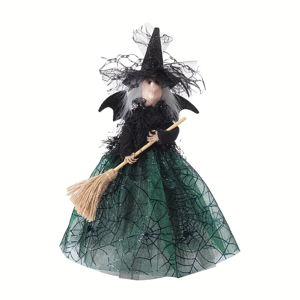 TEMU 1-2pcs Halloween Decoration Tree Topper, Black Doll Ornament With Web Skirt, Black Pointed Hat And Flying Broom For Desktop Treetop Fireplace
