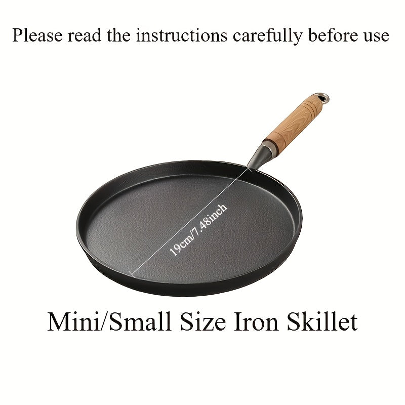 TEMU 1pc Mini Cast Iron Frying Pan With Wooden Handle - 4.7 Inch Compact Size For Omelets, Pancakes, - Heat Distribution & Durable Kitchen Cookware