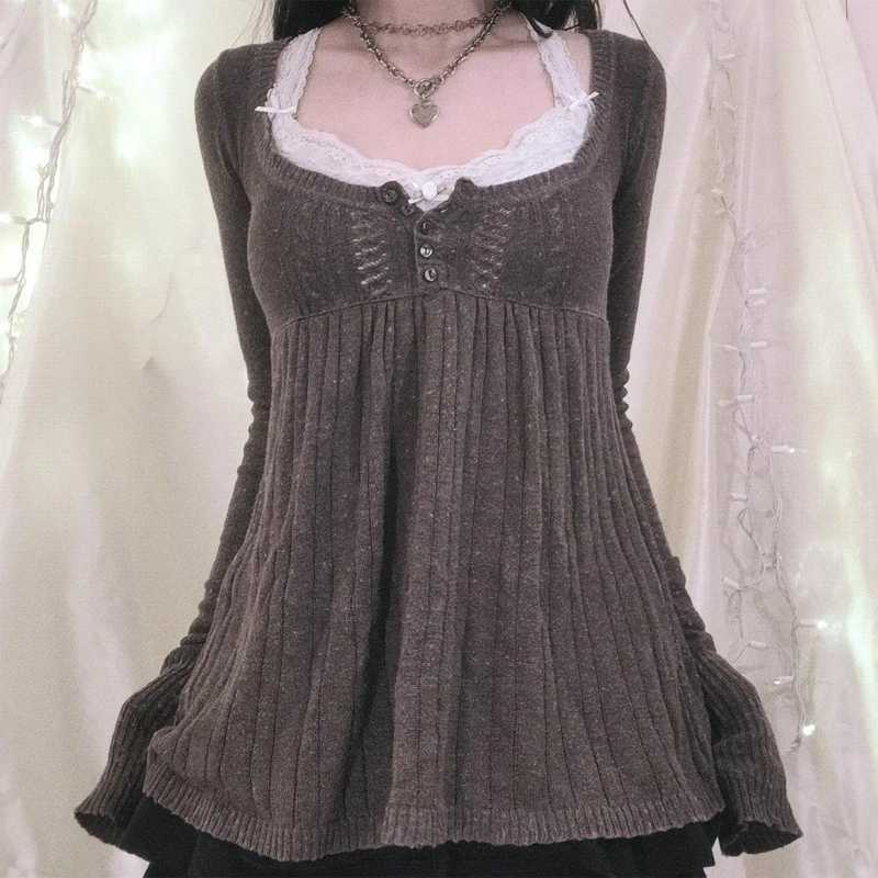 2000s Vintage Long Sleeve Babydoll Knitted Sweater Tops Cottage Milkmaid Pullovers Aesthetic Grunge Y2k Knitwear Tshirts Women Z250905