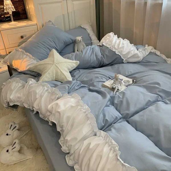 Princess Style Bedding Set No Filling Korean Romantic Ruffles Blue Purple Single Double Queen Size Duvet Cover Sheet case Y250122
