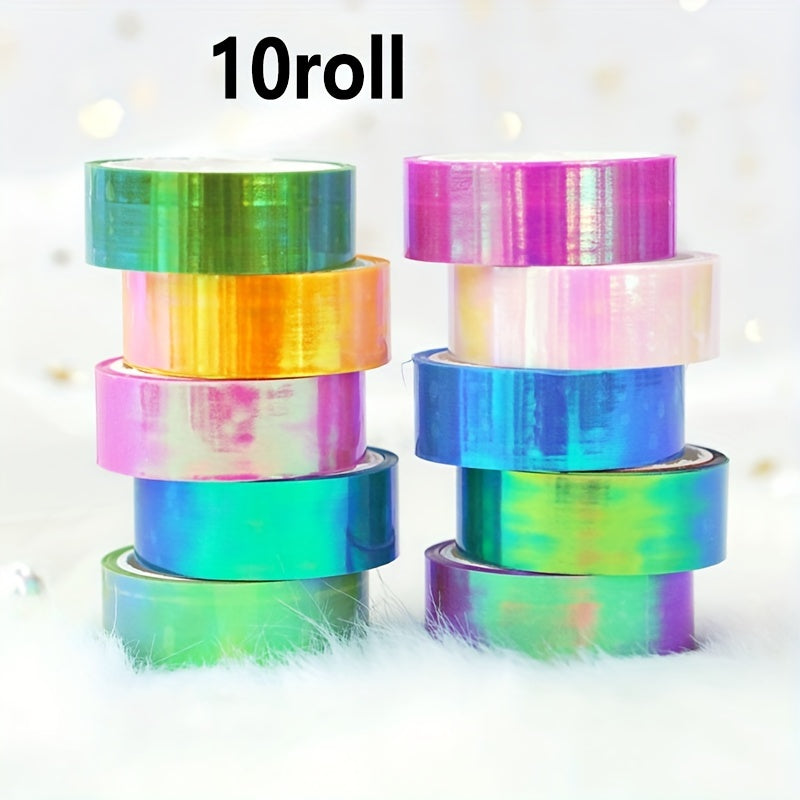 TEMU 10 Rolls Rainbow Laser Tape - Mixed Color, Waterproof, Plastic Surface Recommended, Cool Gradient Holographic Diy Decals For Scrapbooking And