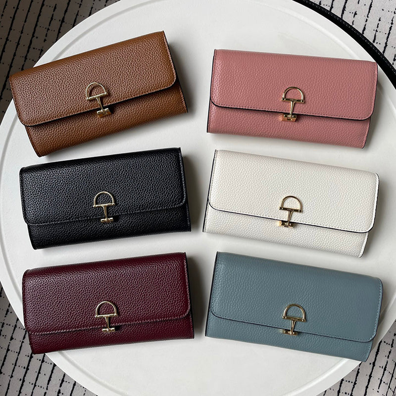 Designer Women Horse Bit Hasp Long Wallet Luxury Brand Cowhide Leather Two Fold Purse Card Holder Bag Lady Coin Purses Top Quality