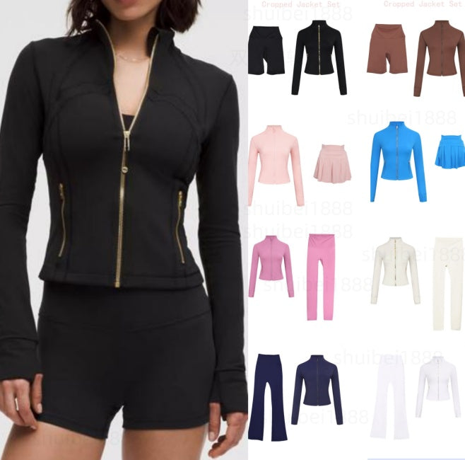 Cropped Jacket Set including Flare Leggings Shorts Skirts with Gold Zippers Regular Zippers Elastic Quick-Drying and Breathable Cropped Set yoga set