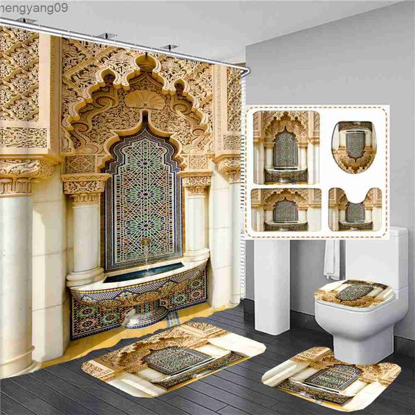 Shower Curtains 3D Print Retro Architectural style Bathroom Curtains Shower Curtain Set for Bathroom Non-Slip Carpet Bath Mat Rug Decor R230