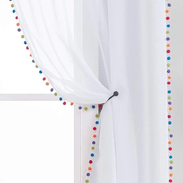 White Sheer Curtain with Multi-Color Pom tulle Curtains for Toddler Linen Textured Decorative Nursery Room Window Drapes 240824