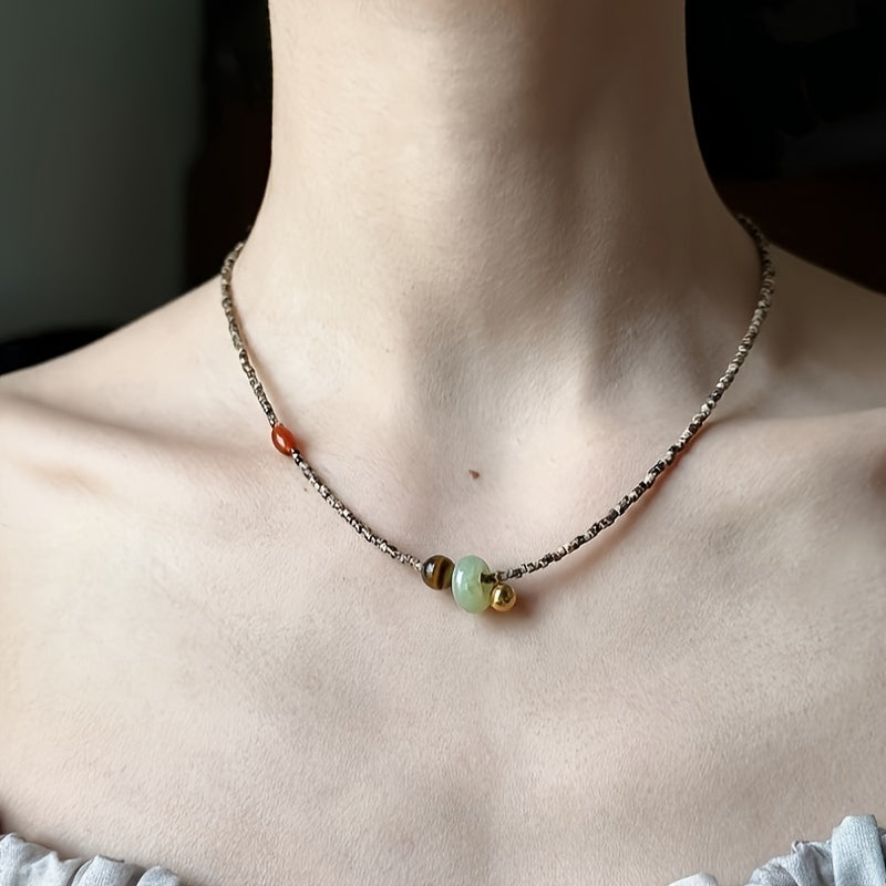 TEMU Bohemian Retro Layered Necklace With Eye, Green Aventurine & - Alloy Delicate Chain For Casual Attire, Versatile Jewelry Gift For Women