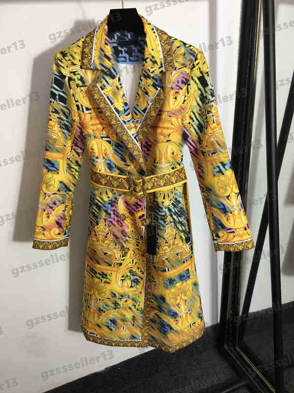Trench Coats For Womens Designer F Letter Logo Yellow Joint Long Jacket Retro Pattern Print Lace-up Trench Coat Women Clothing Size S-XL