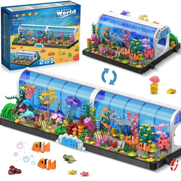 HOGOKIDS Aquarium Building Sets-2 Sles Oceanarium Building Toy Pivoting Undersea Includs Dolphins Shark Jellyfish Gift for6+ Z250108