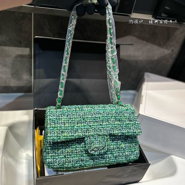 Three Sizes Portable Green Tweed Cf Women Designer Shoulder Bag Totes Classic Double Flap Knitting with Sliver Hardware Cross Body Clutch Pu