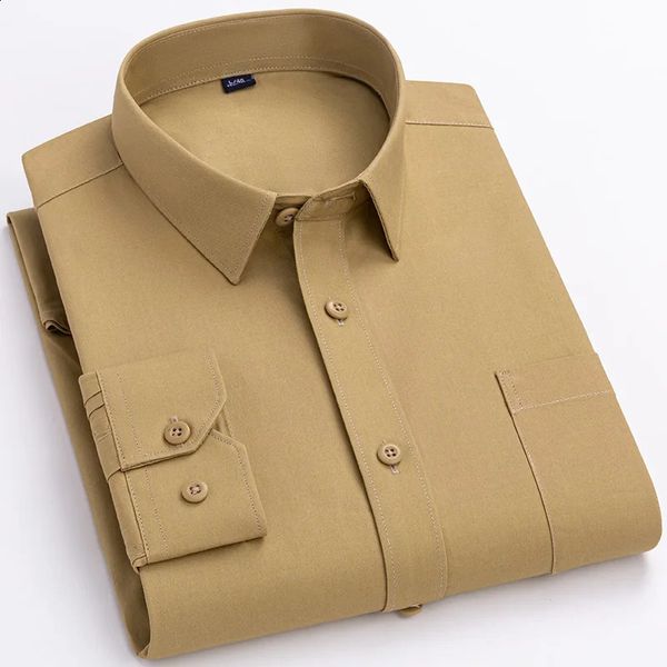 Mens Sólida Camisa Antiwrinkle -Manga Longa Casual Mens Slim Fit Office Business Com Pockets 250110