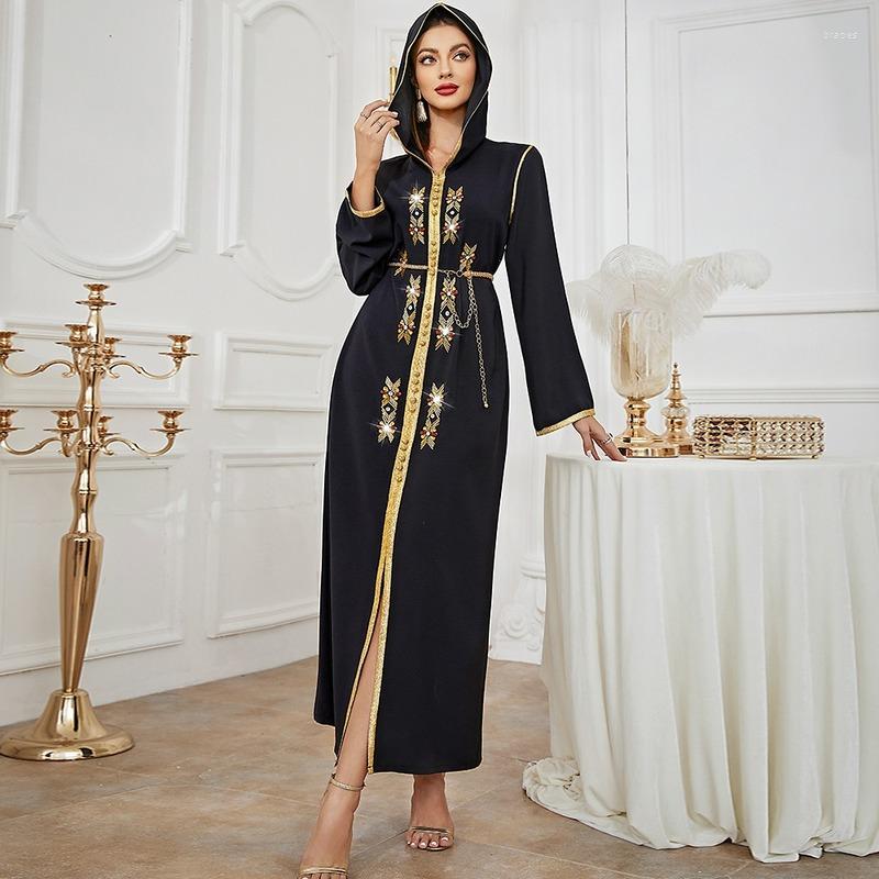 Ethnic Clothing Muslim Abayas For Women Dubai Fashion Black Hand Sewn Gold Edge V Neck Tube Rhinestone Robe Party Kaftan Abayat 2023