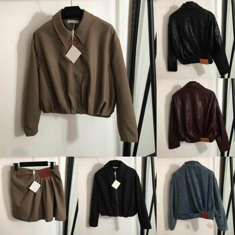 Designer Cropped Leather Jacket Women Elegant High Waist Skirts Brand Spring Autumn Vintage Zipped Outerwear Street Style Pants