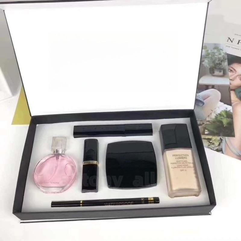 Brand 6 in 1 Makeup Set Fragrance Brand Cosmetic Set 15ml Perfume Lipsticks Eyeliner Mascara liquid foundation With Box Lips Cosmetics Kit For Women