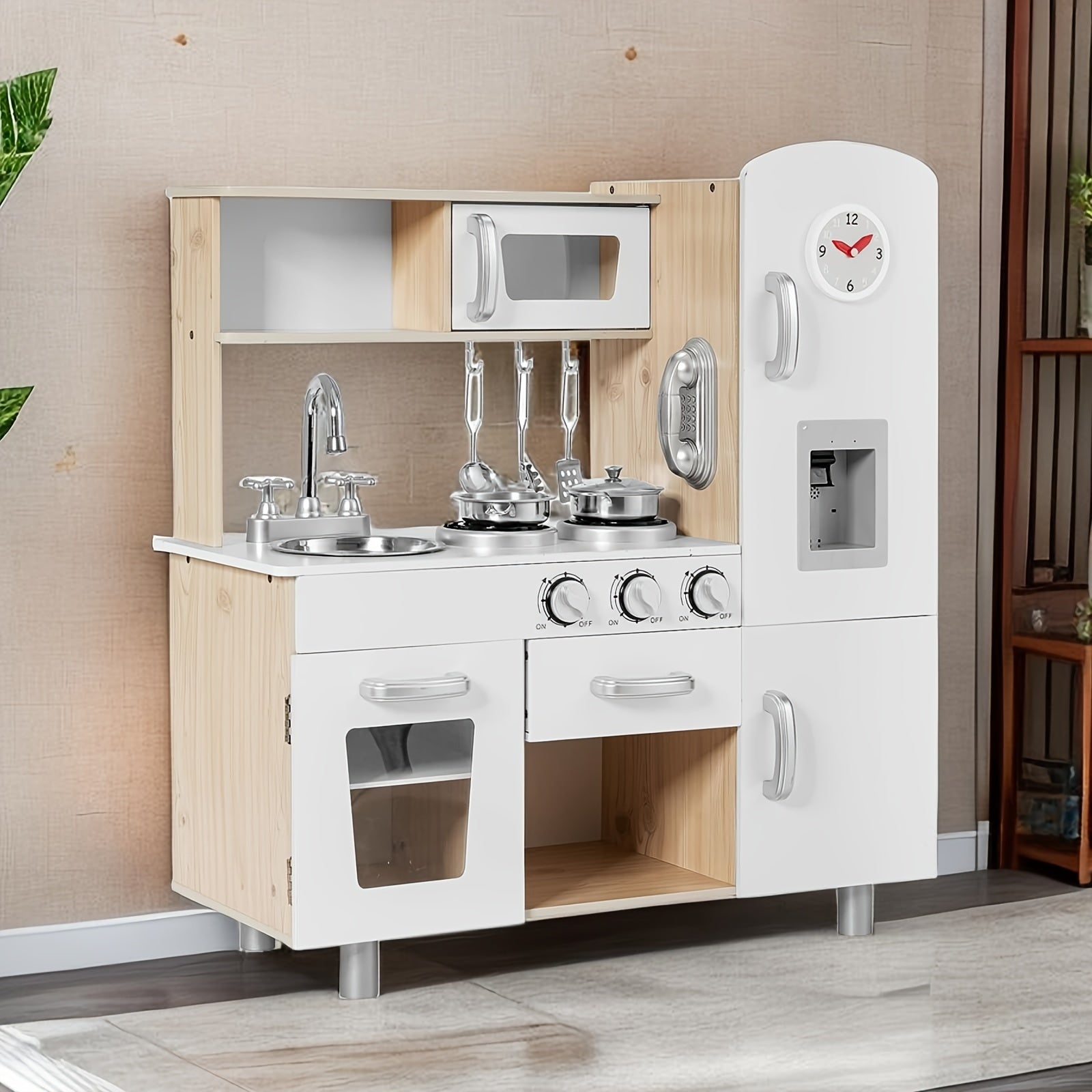 TEMU Kids Kitchen Playset, Preschool Cooking Kitchen, Toddler Wooden Pretend Play Toy W-fridge, Stove, Cookware Utensil, Phone, Clock, Water