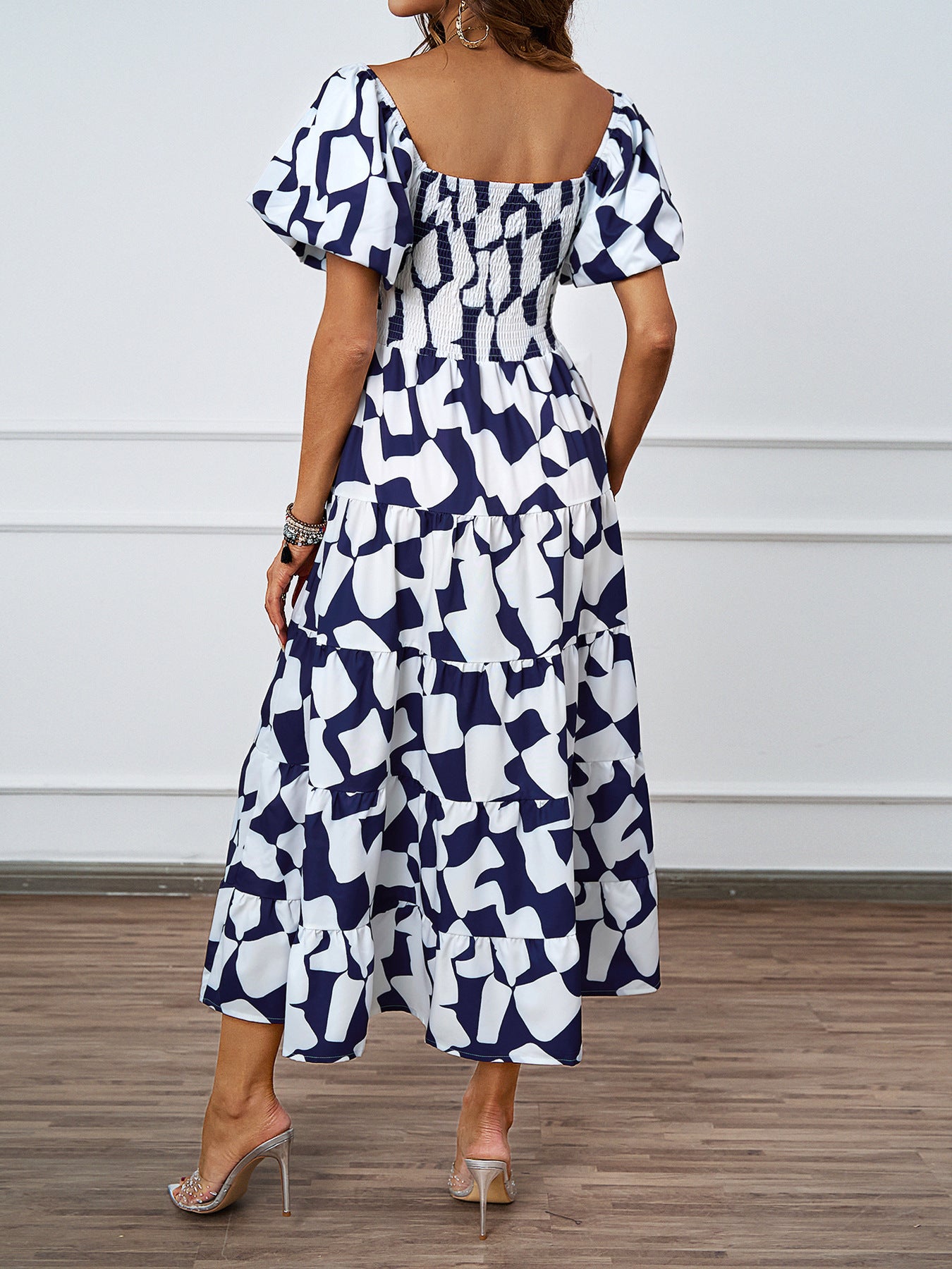 (519) Summer new style temperament one-shoulder printed puffy skirt bubble sleeve dress for women